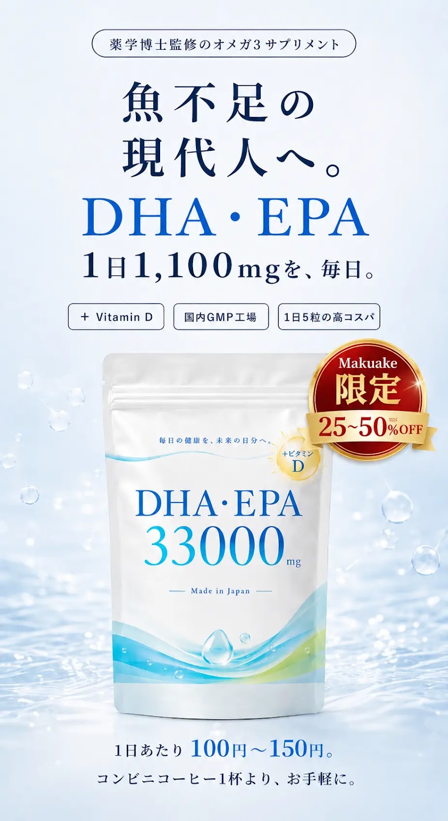 薬学博士監修のオメガ3サプリ 魚不足の現代人へ。DHA・EPA 1日1,100mgを、毎日。